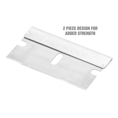 Close-up of Pro Grade High Carbon Steel Razor Blade with 2-piece design for added strength, Made in USA