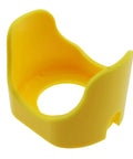 Yellow 30mm Plastic Emergency Stop Button Protective Cover with Two Feet Guard for industrial panels, side view.