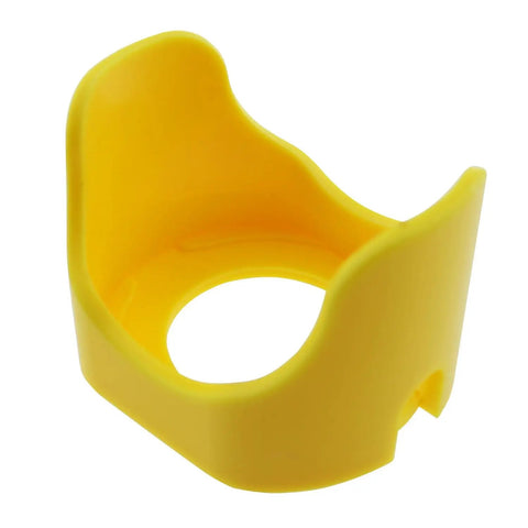 Yellow 30mm Plastic Emergency Stop Button Protective Cover with Two Feet Guard for industrial panels, side view.
