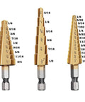 Titanium Coated Step Drill Bit Set With 3 Pieces And 28 Hole Sizes From One Eighth Inch To Three Quarters Inch For Plastic Wood Aluminum And Sheet Metal Hole Drilling High Speed Steel Titanium Coated Bits Include One Quarter Inch Hex Shank Quick Change