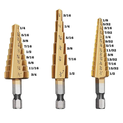 Titanium Coated Step Drill Bit Set With 3 Pieces And 28 Hole Sizes From One Eighth Inch To Three Quarters Inch For Plastic Wood Aluminum And Sheet Metal Hole Drilling High Speed Steel Titanium Coated Bits Include One Quarter Inch Hex Shank Quick Change