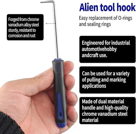 Automotive pick and hook tool with blue/black handle; chrome vanadium steel for oil-seal removal