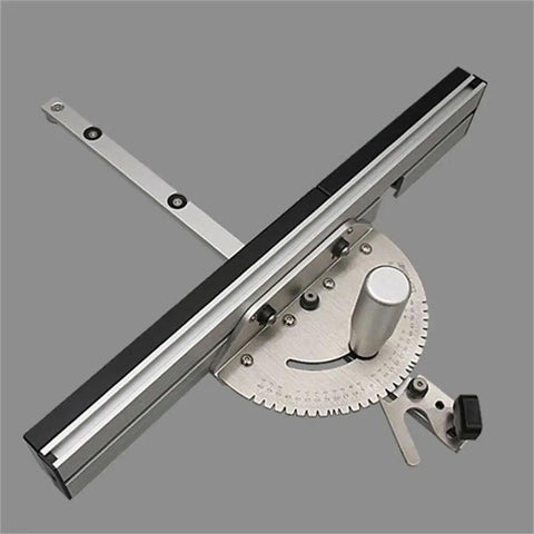 Rock Solid Aluminum Miter Gauge With Sleek Track Stop And Wide Adjustable Fence For Table Saws And Router Tables, precision design with adjustment features.