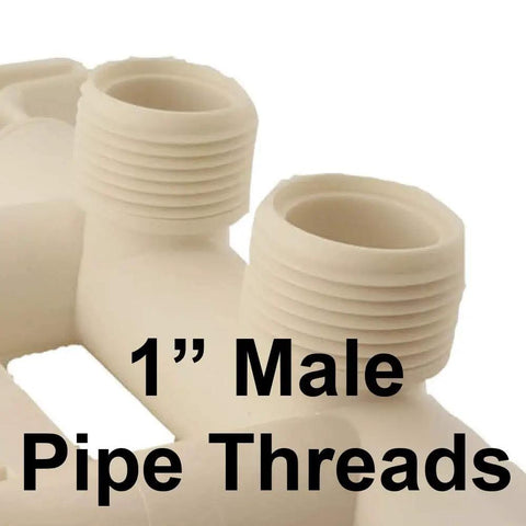 Close-up of 1 inch male pipe threads on Water Softener Bypass Valve With Threaded Adapters OEM Replacement Part For Kenmore, GE