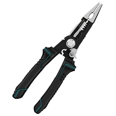 Premium Multifunctional Electrical Wire Stripper And Crimping Pliers with black grips and silver metallic jaws, ideal for wiring tasks.