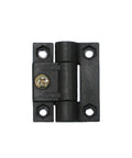 Plastic torque hinge for cabinet door, black, front view with mounting screws.