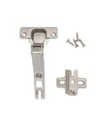 Badass 45 Degree Corner Cabinet Hinge Pack Of 8 With 35 Millimeter Mount Fits 16 To 20 Millimeter Panels, nickel plated hinge with mounting screws.