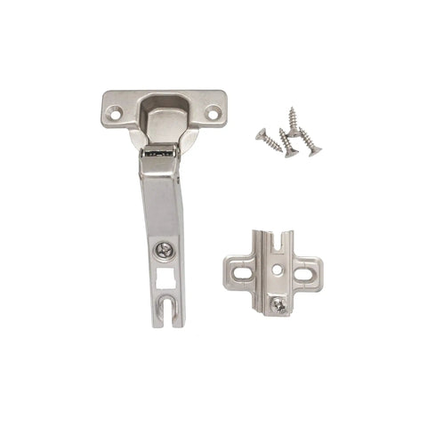 Badass 45 Degree Corner Cabinet Hinge Pack Of 8 With 35 Millimeter Mount Fits 16 To 20 Millimeter Panels, nickel plated hinge with mounting screws.
