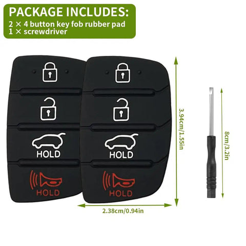 Hyundai 4 Button Key Fob Rubber Button Pad Replacement For Santa Fe Sport And Sonata 2013 2014 2015 2016 2017 2018 2019 Keyless Entry Remote Flip Car Key Fob Case Insert Pad 2 Pack Easy Fit with dimensions and screwdriver