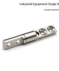 Side view of a silver metal stop hinge with a straight damping shaft and two mounting holes