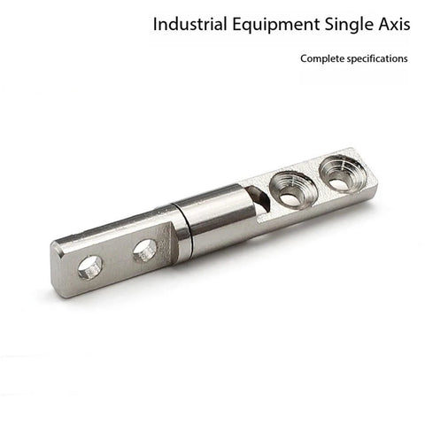 Side view of a silver metal stop hinge with a straight damping shaft and two mounting holes