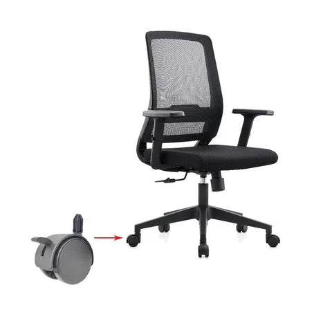 Pack Of Ten Heavy Duty Plastic Caster Socket Sleeves, 7/16 Inch Round Stem Bullets For Wobbly Office Chairs next to an office chair.