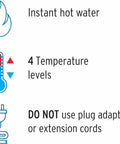 Electric Shower Head With Instant Hot Water And Auto On Off Sensor Four Temperature Settings 6 Inch Hand Shower Head Includes Five Foot Hose For Easy Rinsing And Bangin Bathroom Upgrade; features icons for instant hot water, 4 temperature levels, no adaptors.