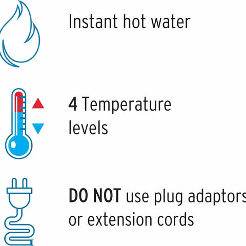 Electric Shower Head With Instant Hot Water And Auto On Off Sensor Four Temperature Settings 6 Inch Hand Shower Head Includes Five Foot Hose For Easy Rinsing And Bangin Bathroom Upgrade; features icons for instant hot water, 4 temperature levels, no adaptors.