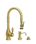 Top Tier Prep Size Pulldown Faucet Set With Matching Three Piece Suite In Classic Matte Antique Copper faucet set view with spray nozzle and soap dispenser