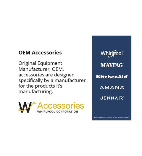 Whirlpool OEM accessories overview with logos of Whirlpool, Maytag, KitchenAid, Amana, and JennAir brands