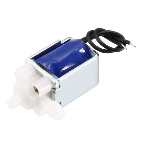 Two Way Normally Closed Solenoid Valve DC5V 0.22A ultra compact water and air valve, side view showing wiring and ports