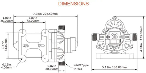 Dimensions diagram of Industrial Water Pressure Pump With Wall Plug 115V AC 3.3 GPM 45 PSI Self Priming Up To 6 Feet.