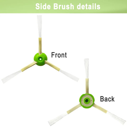 Front and back views of a green side brush from a Robot Vacuum Replacement Parts Kit for iRobot Vacuum Models I7 Plus I7 I3 Plus I3 I4 I6 I8 Plus E5 E6 E7 J7 J7 Plus I5 J5 Plus Includes 2 Roller Brushes 8 Filters and 8 Side Brushes.