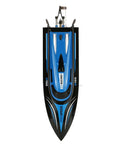 Top view of H100 RC Boat 2.4GHz Remote Control Speedster with 180 Flip in blue and black, ideal for pool or lake racing.