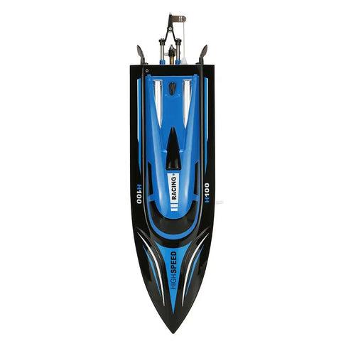 Top view of H100 RC Boat 2.4GHz Remote Control Speedster with 180 Flip in blue and black, ideal for pool or lake racing.