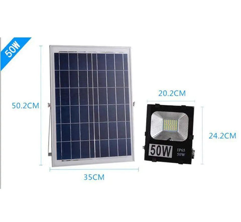 JUDYSSY Home Floodlight, Outdoor Patio Waterproof Solar High Power Super Bright Rural Led Spotlight Ip66/65, Rechargeable Work Light，50W，50W with solar panel and spotlight dimensions.