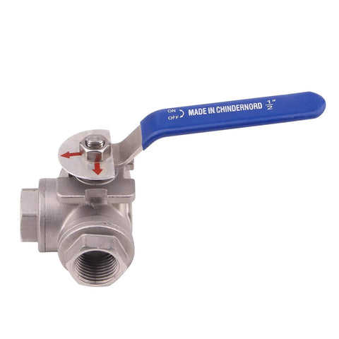 Front view of DERNORD 3-way ball valve with blue vinyl handle, 1/2 in NPT female ports, stainless steel 304
