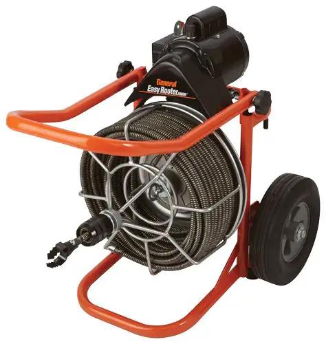 Easy Rooter Junior Drain Auger Snake 75 Foot One Half Inch Cable heavy duty plumber tool on wheeled unit for clogs.