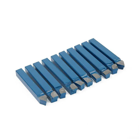 Ten Piece One Quarter Inch Carbide Lathe Tool Bits Set For Metal Cutting High Hardness Tips For Ordinary And CNC Lathes Ready To Cut Fast With Beefy Pro Grade Performance And Durable Cemented Carbide Edges, arranged in a row.
