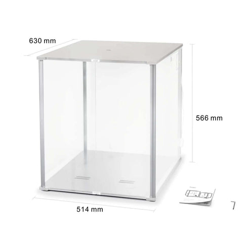 3D Printer Enclosure For Bambu Lab A1 With AMS Lite Dope Filtration, dimensions shown, clear panels, designed for workshops.