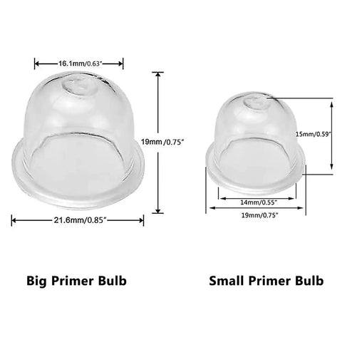 Big and small primer bulbs with dimensions for Four Foot Fuel Line Kit For Small Engine Chainsaws Blowers Trimmers And Weedeaters.