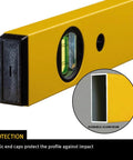 Close-up of 48 Inch Heavy Duty Aluminum Spirit Level featuring durable aluminum, plastic end caps, and accurate vials.