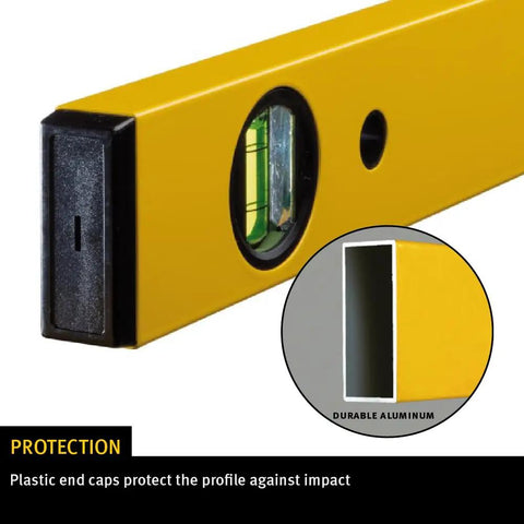 Close-up of 48 Inch Heavy Duty Aluminum Spirit Level featuring durable aluminum, plastic end caps, and accurate vials.