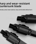 Close-up of five piece countersink drill bit set for US wood screws includes size 5, 6, 8, 10, 12, pro grade high speed steel