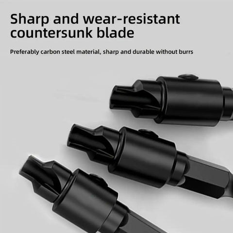 Close-up of five piece countersink drill bit set for US wood screws includes size 5, 6, 8, 10, 12, pro grade high speed steel