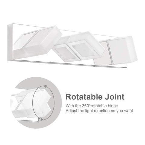 Dimmable LED Vanity Light Three Light Modern Acrylic Stainless Steel Fixture with 360° rotatable joints for adjustable lighting.
