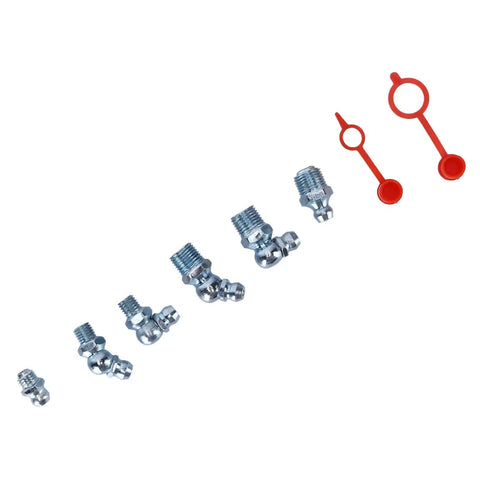 Heavy Beefy 160 Pieces Grease Fitting Kit With Zerk Nipples Incl 45 90 180 Deg Elbows Plus Straight Nuts In Storage Box Made For Cars Motorcycles Trucks And Farm Tractors For Keeping Your Rig Rocking Strong. zinc-plated steel grease fittings and red caps