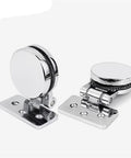 Rock Solid Frameless Glass Door Hinge Flat Open Cabinet Connector For Wine Rack And Pet Crate Killer Quality Stainless Steel Furniture Hardware Hella Durable Window Fitting Single Piece Pro Install Grade, silver circular hinges.