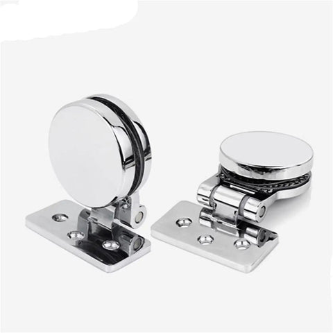 Rock Solid Frameless Glass Door Hinge Flat Open Cabinet Connector For Wine Rack And Pet Crate Killer Quality Stainless Steel Furniture Hardware Hella Durable Window Fitting Single Piece Pro Install Grade, silver circular hinges.