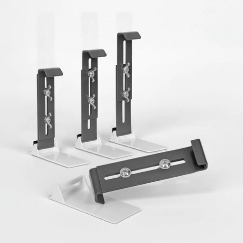 Four stainless steel window planter brackets, showing adjustable height and clamps, part of Stainless Steel Window Planter Brackets Set Four Adjustable Flower Box Brackets For Windowsill, Balcony, And Railings, No Fuss Setup, Weather Resistant, Renters Friendly Garden Displays.