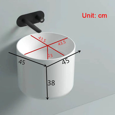 Countertop Bathroom Sinks Cylindrical White Ceramic Bathroom Vessel Sink Wall Mount Bathroom Sink No Overflow Hole Porcelain Vanity Sink Basin, Ceramic Sink Only Bathroom with dimensions displayed.