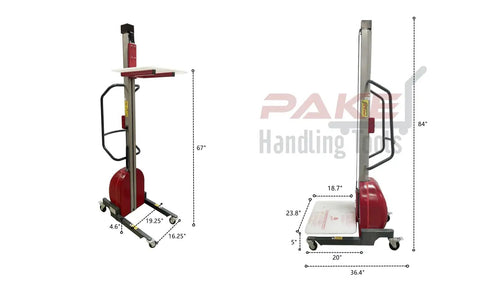 Heavy Duty Electric Lift Work Positioner Truck with 67 inch height and steel gantry, ideal for maneuvering on job sites.