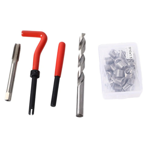 Awesome Heavy Duty Thread Repair Kit For Cars With Sturdy Insert Tools, Tap And Drill To Fix Stripped Screws Fast No More Messy Metal Shavings; M10x1.5 kit with tap, drill, handles, and inserts