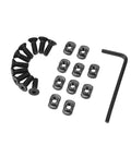10 Piece Track Metal Screws And T Nuts Replacement Kit With Allen Wrench High Strength Steel Black Anodized Finish Includes 10 Screws 10 Nuts And 1 Allen Key For Brackets Rails And Gear displayed on white background.