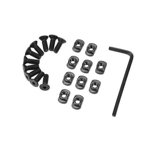 10 Piece Track Metal Screws And T Nuts Replacement Kit With Allen Wrench High Strength Steel Black Anodized Finish Includes 10 Screws 10 Nuts And 1 Allen Key For Brackets Rails And Gear displayed on white background.