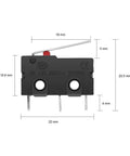 SPDT Micro Limit Switch With Hinge Lever Momentary Push Button 1NO 1NC 3 Pins AC 5A 125V 250V shown with dimensions