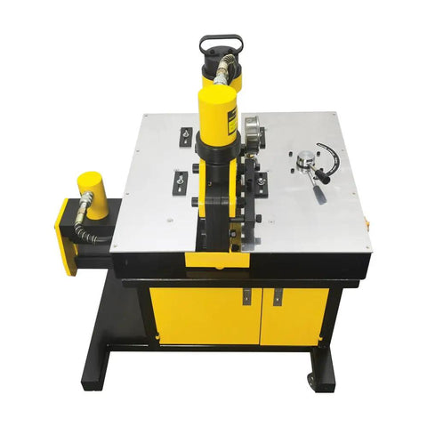 Heavy Duty Electric Hydraulic Busbar Processor Cutter 900W Motor And 700 Bar Pressure top view with yellow accents, designed for cutting and bending.