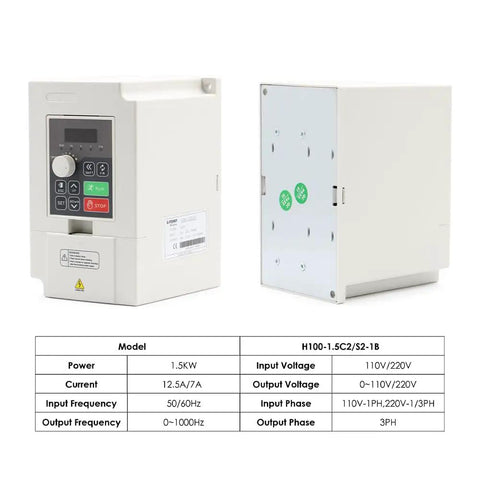 Front and side view of 1.5KW 110V VFD Inverter With 0 to 1000 Hz Output 1 Phase In 3 Phase Out Industrial Grade Variable Frequency Drive