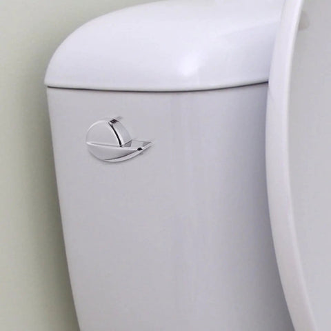 Side Mount Toilet Flush Lever Handle Replacement For Most Toilet Tanks Universal Zinc Alloy Lever With Silver And Gold Finish Dope Upgrade For A Cleaner Modern Look installed on a white toilet tank