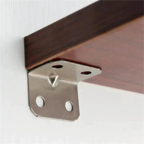 Metal L Bracket mounted on wood, part of Rock Solid Heavy Duty L Brackets No Sweat Assembly Furniture Hardware Pack.